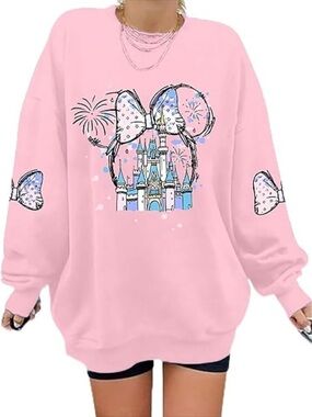 Disney Sweatshirt M Pink Oversized Cinderella Castle Minnie Ears Bows Theme Park